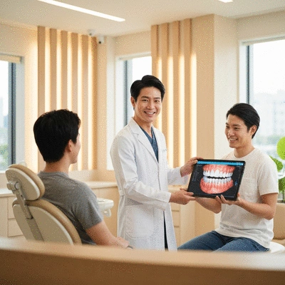 Dentist showing 3D dental scan on a tablet to a patient in a modern clinic setting