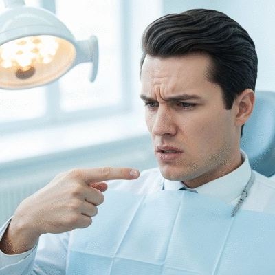 Person pointing to a tooth, indicating dental discomfort and need for help