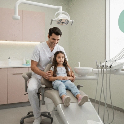 Child with a comforting parent at a pediatric dental clinic, clean and modern environment