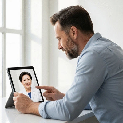 Person having a virtual dental consultation on a tablet, showing a dentist on screen
