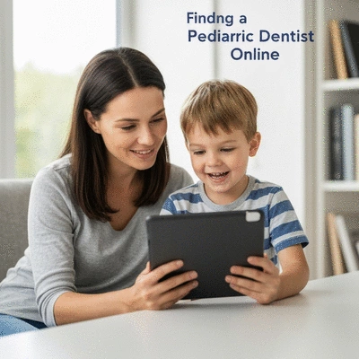 A parent and child happily looking at a tablet together, searching for pediatric dentists online, no text, no words, no typography, 8K