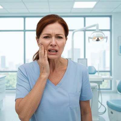 Person holding jaw in pain, indicating a severe dental emergency