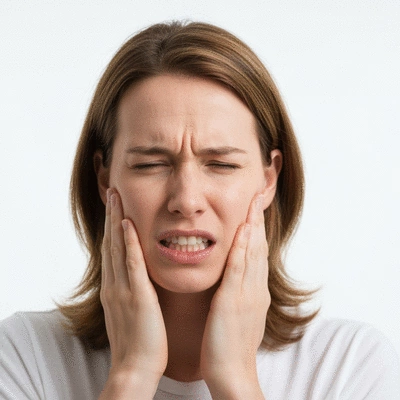 Person holding their jaw in discomfort, symbolizing dental pain