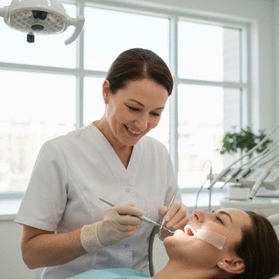 Dentist examining a patient's teeth during a checkup, showing prevention