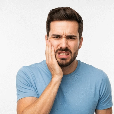 Person looking distressed with a toothache, symbolizing dental emergency awareness