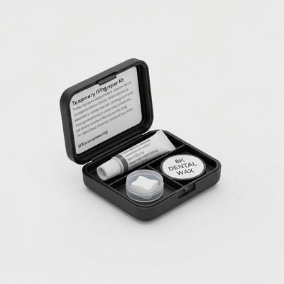 A small, compact temporary dental repair kit with dental wax and temporary filling material, no text, no words, no typography, clean image.