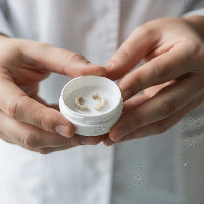 Person holding a lost dental crown or filling in a small container