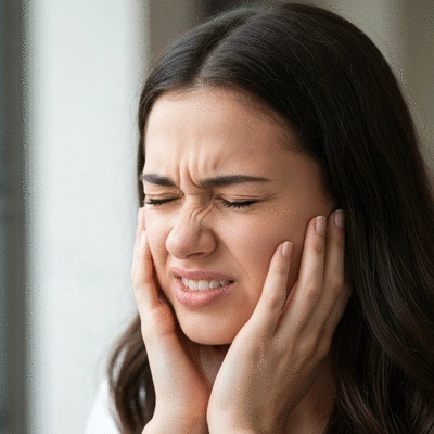 Person holding their cheek in pain, indicating a toothache