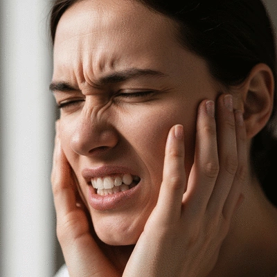 Person experiencing jaw pain due to stress, with a blurred background of teeth grinding