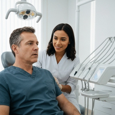 Patient discussing dental emergency with a sympathetic dentist
