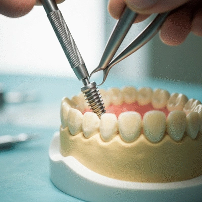 Close-up of a dental implant being placed in a jaw model