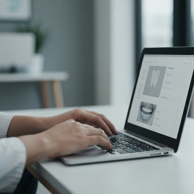 Person researching dental clinics on a laptop, close-up on hands and screen