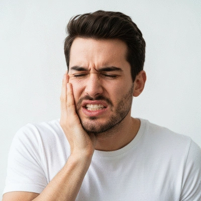 Person experiencing a toothache, holding their jaw, indicating pain