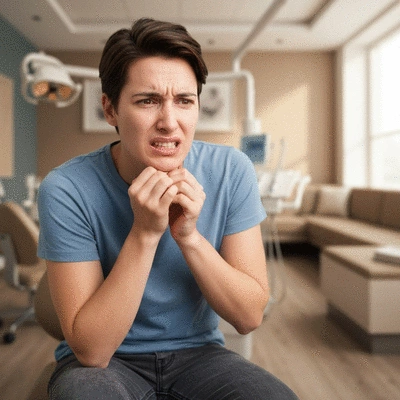 Person holding jaw from toothache, indicating dental emergency