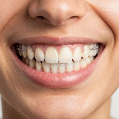 Close-up of a person's mouth with clear Invisalign aligners, showing subtle dental correction