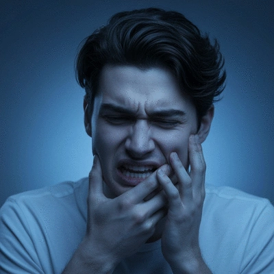 Person experiencing toothache at night, holding their jaw, soft blue lighting, no text, no words, no typography, clean image