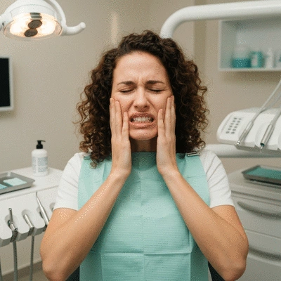 Patient experiencing severe tooth pain, holding jaw