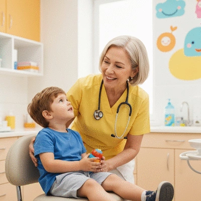 Pediatric dentist reassuring a child during a check-up, bright and friendly clinic