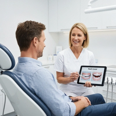 Patient discussing root canal procedure with dentist