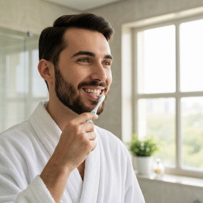 Person using a soft toothbrush gently on their teeth
