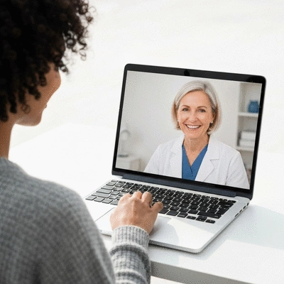 Person using a laptop for an online dental consultation, showing a dentist on the screen, clean modern background.