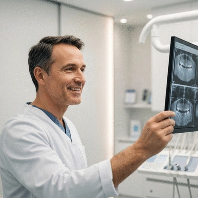 Dentist reviewing patient X-rays on a digital screen in a modern clinic with a professional and reassuring expression