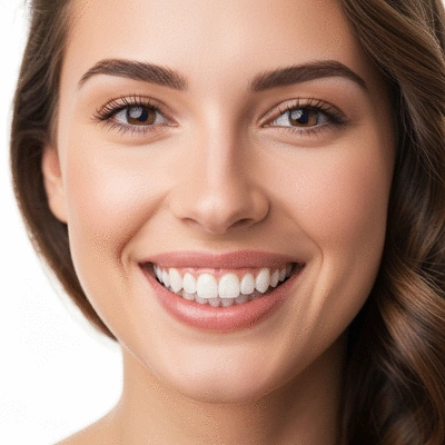 Close-up of a person confidently smiling with healthy, white teeth after cosmetic dental treatment, bright and clean background