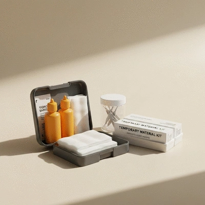 Dental emergency kit with pain relievers, gauze, and small container