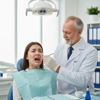Patient experiencing severe tooth pain at an emergency dental clinic, receiving immediate care from a professional, clean image, no text, no words, no typography