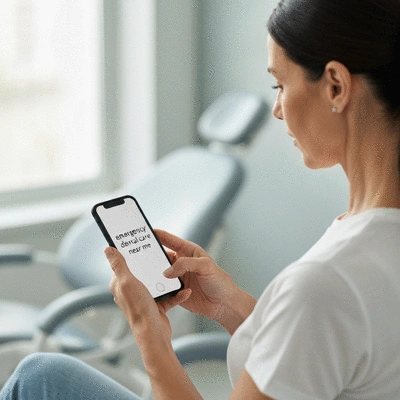 Person using a smartphone to search for 'emergency dental care near me'