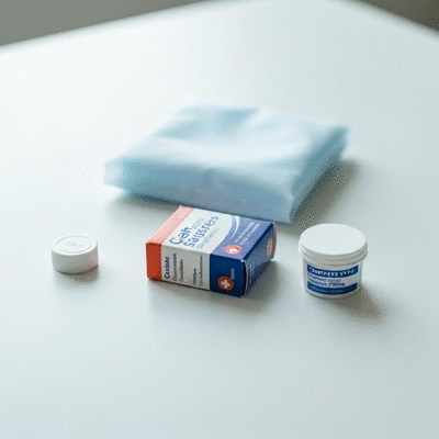 Close-up of an emergency dental kit with pain relievers, cold pack, and temporary filling material on a clean surface, no text, no words, no typography