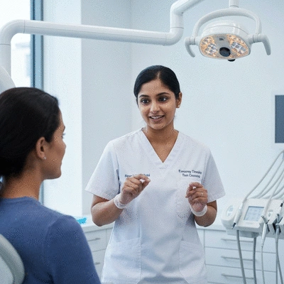 Dental professional explaining emergency tooth extraction process to patient