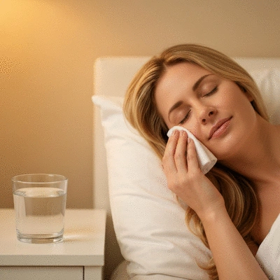 Person applying a cold compress to their cheek for dental pain relief, with a glass of water nearby