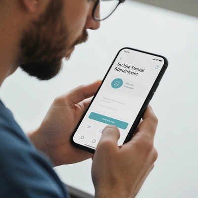Close-up of a person using a smartphone to book an online dental appointment, clean modern interface