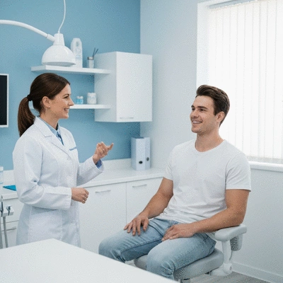 A patient smiling and confidently discussing their dental health with a friendly dentist in a modern office, emphasizing clear communication