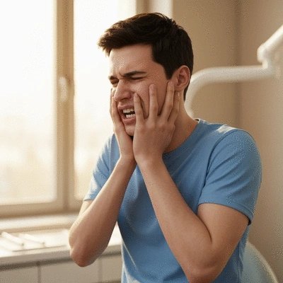 Person holding their jaw in pain, symbolizing a dental emergency
