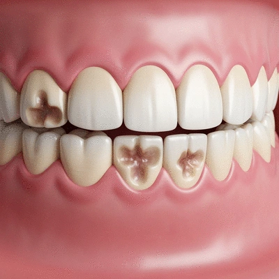 Close-up view of teeth with visible cavities and inflamed gums, illustrating common causes of toothache, clean image, no text, no words, no typography