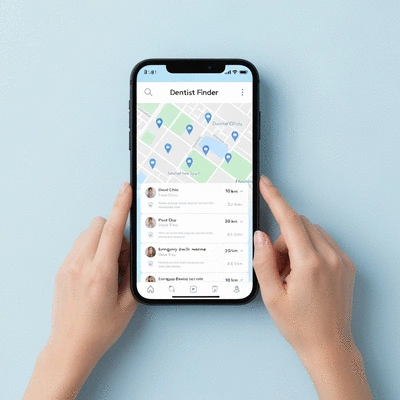 Person using a dentist finder app on a smartphone, no text, no words, no typography, 8K
