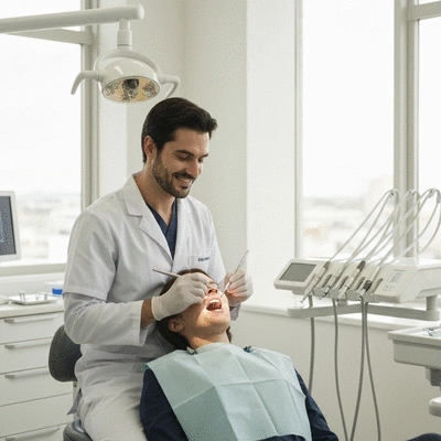 Dentist examining patient's teeth in a modern dental office