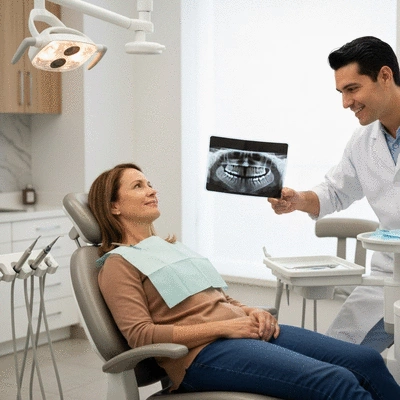 Dentist examining a dental X-ray with a patient