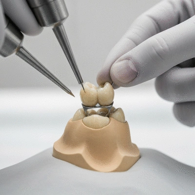 Close-up of a dental crown being placed on a tooth model