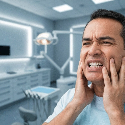 Person holding jaw in pain, indicating a dental emergency