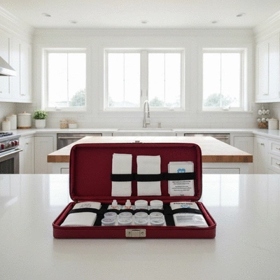 Close-up of an emergency dental kit with gauze, temporary filling, and pain relievers
