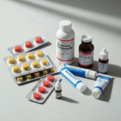 Assortment of OTC pain relievers and gels for dental emergencies