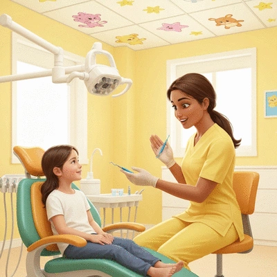Pediatric dentist gently explaining dental tools to a calm young child in a brightly colored office, no text, no words, no typography, 8K