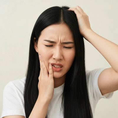 Person holding jaw from toothache, illustrating acute dental pain