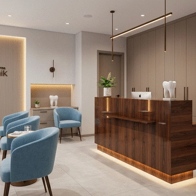 Dental clinic reception area, clean and modern