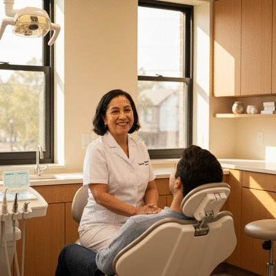 Smiling person looking at a tablet showing a happy dentist and patient, representing a positive dental experience