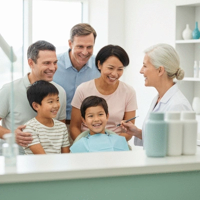 Happy multi-generational family visiting a friendly dentist, clean modern dental office background, no text, no words, no typography
