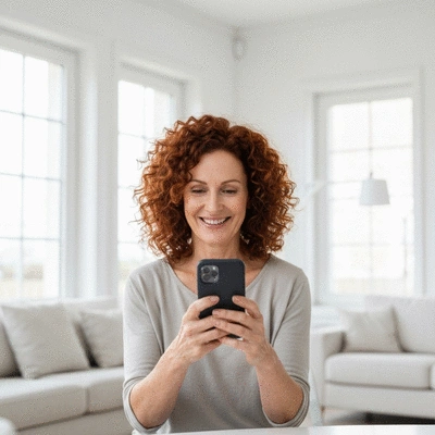 Smiling person comfortably using a smartphone for a teledentistry consultation at home, bright and clean setting.